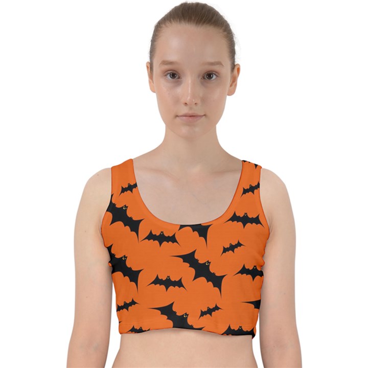 Halloween Card With Bats Flying Pattern Velvet Racer Back Crop Top