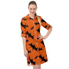 Halloween Card With Bats Flying Pattern Long Sleeve Mini Shirt Dress by Hannah976