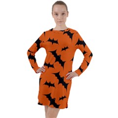 Halloween Card With Bats Flying Pattern Long Sleeve Hoodie Dress