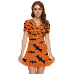 Halloween Card With Bats Flying Pattern V-neck High Waist Chiffon Mini Dress by Hannah976