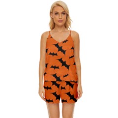 Halloween Card With Bats Flying Pattern V-neck Satin Pajamas Set by Hannah976