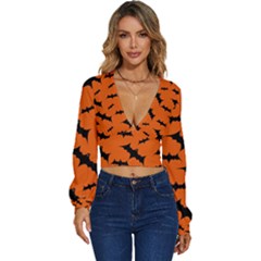 Halloween Card With Bats Flying Pattern Long Sleeve Deep-v Velour Top by Hannah976