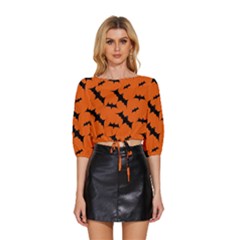 Halloween Card With Bats Flying Pattern Mid Sleeve Drawstring Hem Top by Hannah976