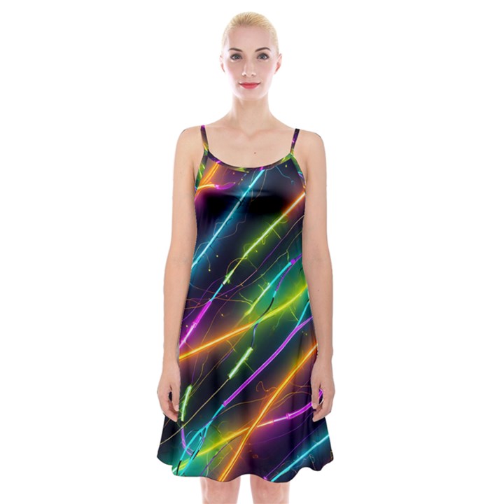 Vibrant Neon Dreams Spaghetti Strap Velvet Dress