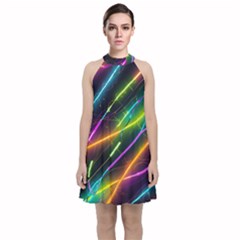 Vibrant Neon Dreams Velvet Halter Neckline Dress 