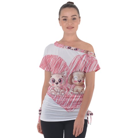 Cat Kitten Feline Pet Animal Cute Off Shoulder Tie-up T-shirt by Sarkoni