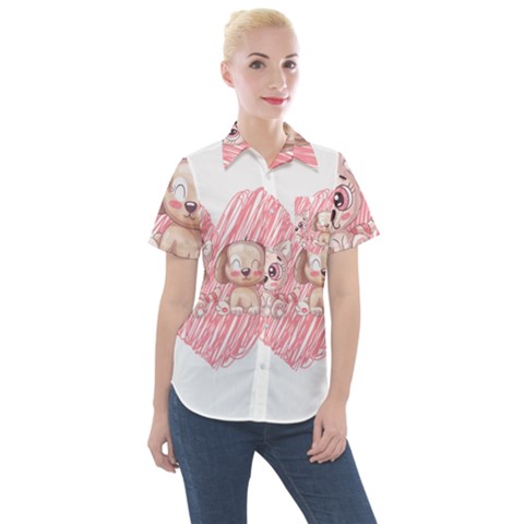 Dog Cat Animal Pet Heart Love Women s Short Sleeve Pocket Shirt by Sarkoni