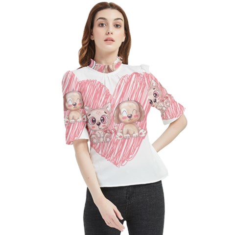 Cat Kitten Feline Pet Animal Cute Frill Neck Blouse by Sarkoni