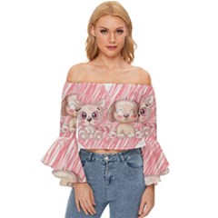 Cat Kitten Feline Pet Animal Cute Off Shoulder Flutter Bell Sleeve Top by Sarkoni