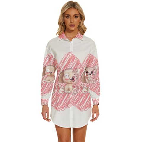 Cat Kitten Feline Pet Animal Cute Womens Long Sleeve Shirt Dress by Sarkoni