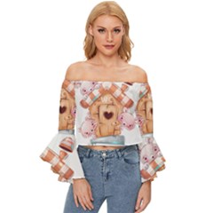 House Pet Animal Cute Off Shoulder Flutter Bell Sleeve Top by Sarkoni