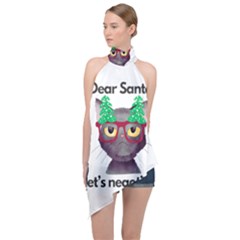 Cute Cat Glasses Christmas Tree Halter Asymmetric Satin Top by Sarkoni