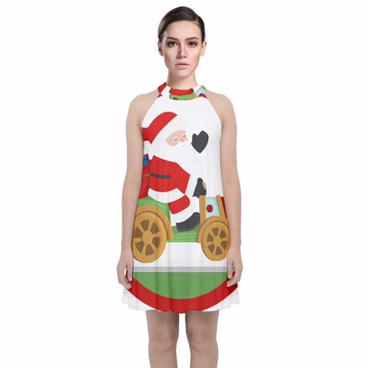 Christmas Santa Claus Velvet Halter Neckline Dress 