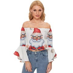 Santa Glasses Yoga Chill Vibe Off Shoulder Flutter Bell Sleeve Top