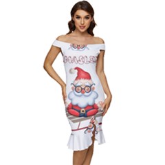 Santa Glasses Yoga Chill Vibe Off Shoulder Ruffle Split Hem Bodycon Dress