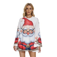 Santa Glasses Yoga Chill Vibe Round Neck Long Sleeve Bohemian Style Chiffon Mini Dress