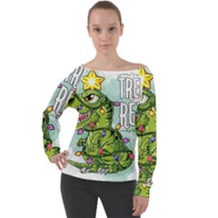 Dinosaur T-rex Dino Tyrannasaurus Off Shoulder Long Sleeve Velour Top by Sarkoni