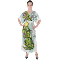 Dinosaur T-rex Dino Tyrannasaurus V-neck Boho Style Maxi Dress by Sarkoni