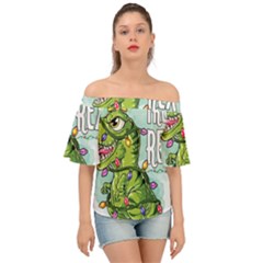 Dinosaur T-rex Dino Tyrannasaurus Off Shoulder Short Sleeve Top by Sarkoni