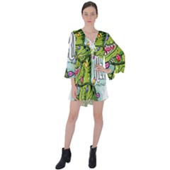 Dinosaur T-rex Dino Tyrannasaurus V-neck Flare Sleeve Mini Dress by Sarkoni