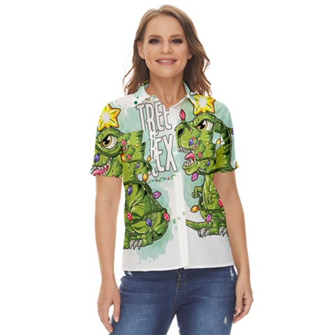 Dinosaur T-rex Dino Tyrannasaurus Women s Short Sleeve Double Pocket Shirt by Sarkoni