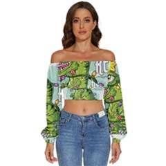 Dinosaur T-rex Dino Tyrannasaurus Long Sleeve Crinkled Weave Crop Top by Sarkoni