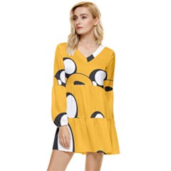 Adventure Time Cartoon Face Funny Happy Toon Tiered Long Sleeve Mini Dress by Bedest