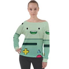 Adventure Time Bmo Beemo Green Off Shoulder Long Sleeve Velour Top by Bedest