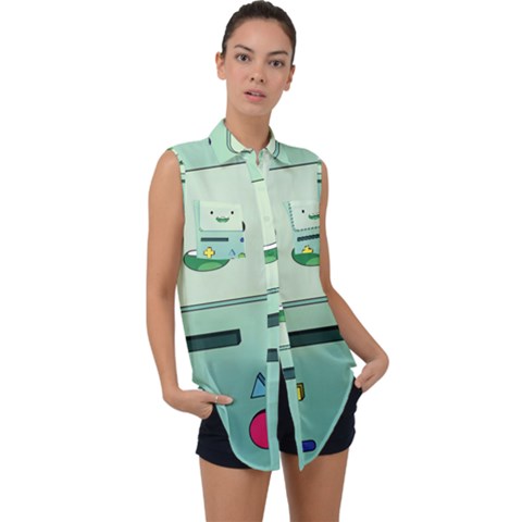 Adventure Time Bmo Beemo Green Sleeveless Chiffon Button Shirt by Bedest