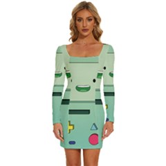 Adventure Time Bmo Beemo Green Long Sleeve Square Neck Bodycon Velvet Dress by Bedest