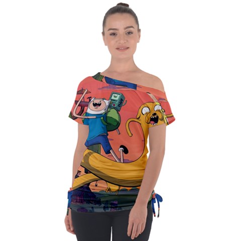 Finn And Jake Adventure Time Bmo Cartoon Off Shoulder Tie-up T-shirt by Bedest