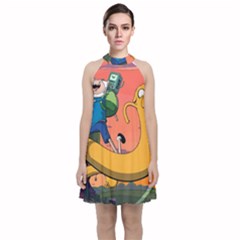 Finn And Jake Adventure Time Bmo Cartoon Velvet Halter Neckline Dress  by Bedest