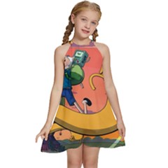 Finn And Jake Adventure Time Bmo Cartoon Kids  Halter Collar Waist Tie Chiffon Dress by Bedest