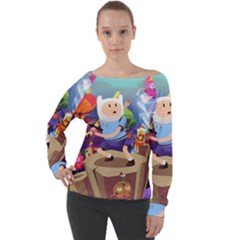 Cartoon Adventure Time Finn Princess Bubblegum Lumpy Space Off Shoulder Long Sleeve Velour Top by Bedest