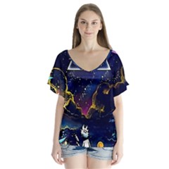 Trippy Kit Rick And Morty Galaxy Pink Floyd V-neck Flutter Sleeve Top by Bedest