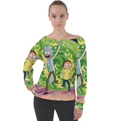 Rick And Morty Adventure Time Cartoon Off Shoulder Long Sleeve Velour Top by Bedest