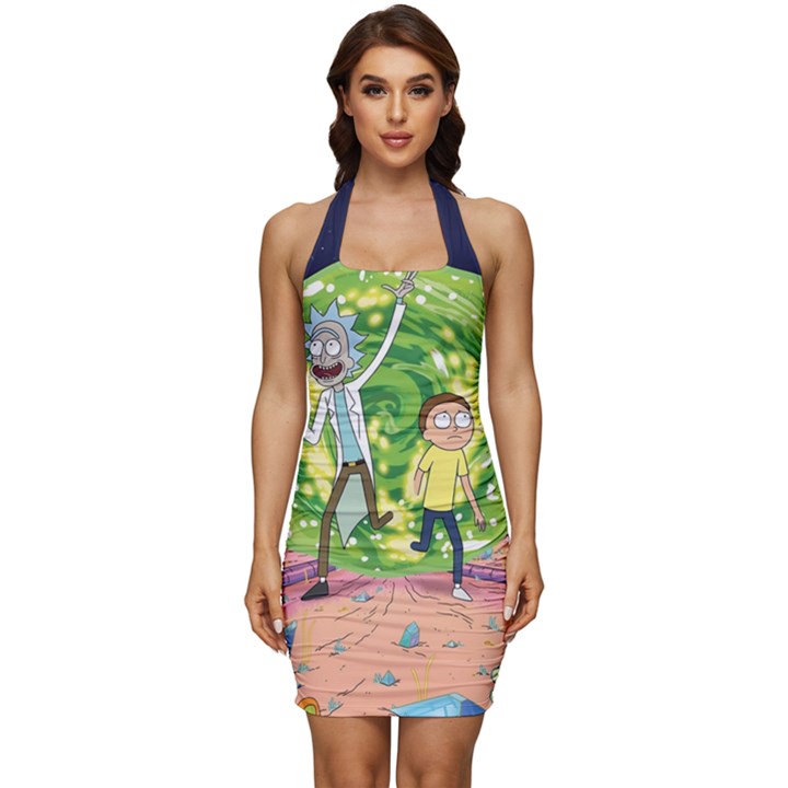 Rick And Morty Adventure Time Cartoon Sleeveless Wide Square Neckline Ruched Bodycon Dress