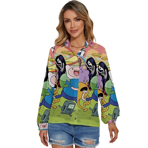 Adventure Time Finn  Jake Women s Long Sleeve Button Up Shirt by Bedest