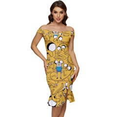 Adventure Time Finn Jake Cartoon Off Shoulder Ruffle Split Hem Bodycon Dress by Bedest