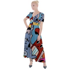 Graffiti Monster Street Theme Button Up Short Sleeve Maxi Dress by Bedest