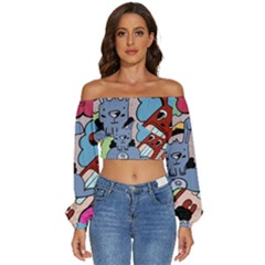 Graffiti Monster Street Theme Long Sleeve Crinkled Weave Crop Top