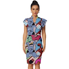 Graffiti Monster Street Theme Vintage Frill Sleeve V-neck Bodycon Dress by Bedest