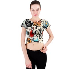 Comical Words Animals Comic Omics Crazy Graffiti Crew Neck Crop Top by Bedest