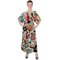 Comical Words Animals Comic Omics Crazy Graffiti V-neck Boho Style Maxi Dress by Bedest