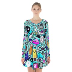 Graffiti Pop Art Crazy Retro Long Sleeve Velvet V-neck Dress by Bedest