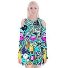 Graffiti Pop Art Crazy Retro Velvet Long Sleeve Shoulder Cutout Dress by Bedest