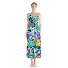 Graffiti Pop Art Crazy Retro Button Up Chiffon Maxi Dress by Bedest