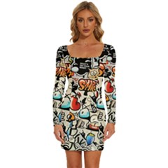 Art Book Gang Crazy Graffiti Supreme Work Long Sleeve Square Neck Bodycon Velvet Dress by Bedest