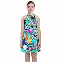 Graffiti Pop Art Crazy Retro Velvet Halter Neckline Dress  by Bedest