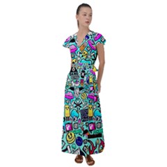 Graffiti Pop Art Crazy Retro Flutter Sleeve Maxi Dress by Bedest